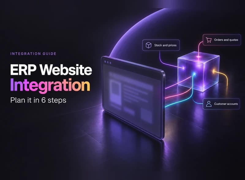 ERP website integration: a browser window linked by glowing threads to a glass cube tagged stock, orders and accounts