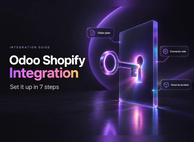 Odoo Shopify integration: a glass key in a keyhole cut into a translucent wall, with chips for plan, connector and stock