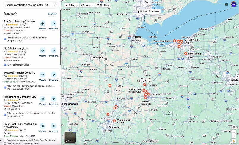 Google Map Pack results showing three local painting contractors ranking for 'painting contractors near me' in Ohio