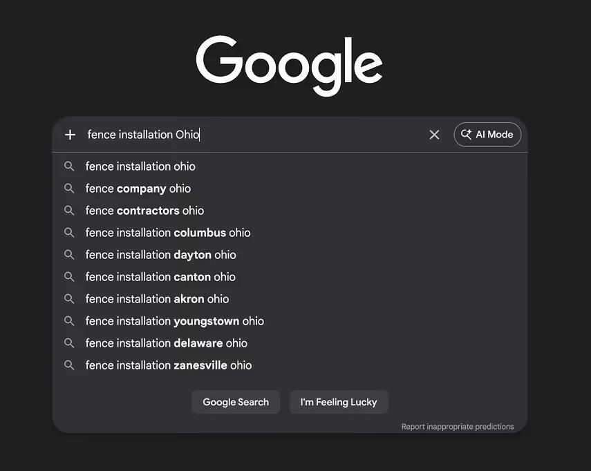 Google Autocomplete showing local keyword suggestions for 'fence installation Ohio' — a keyword research method for home service contractors