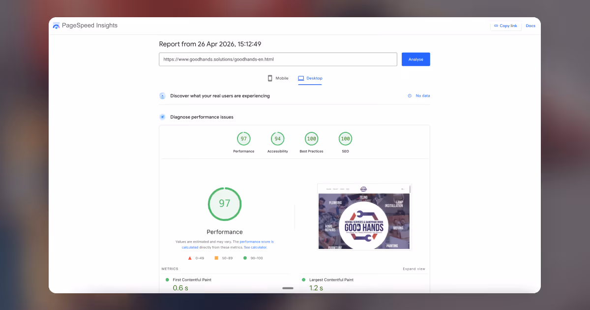 Google PageSpeed Insights score for a Webflow contractor website showing fast load performance